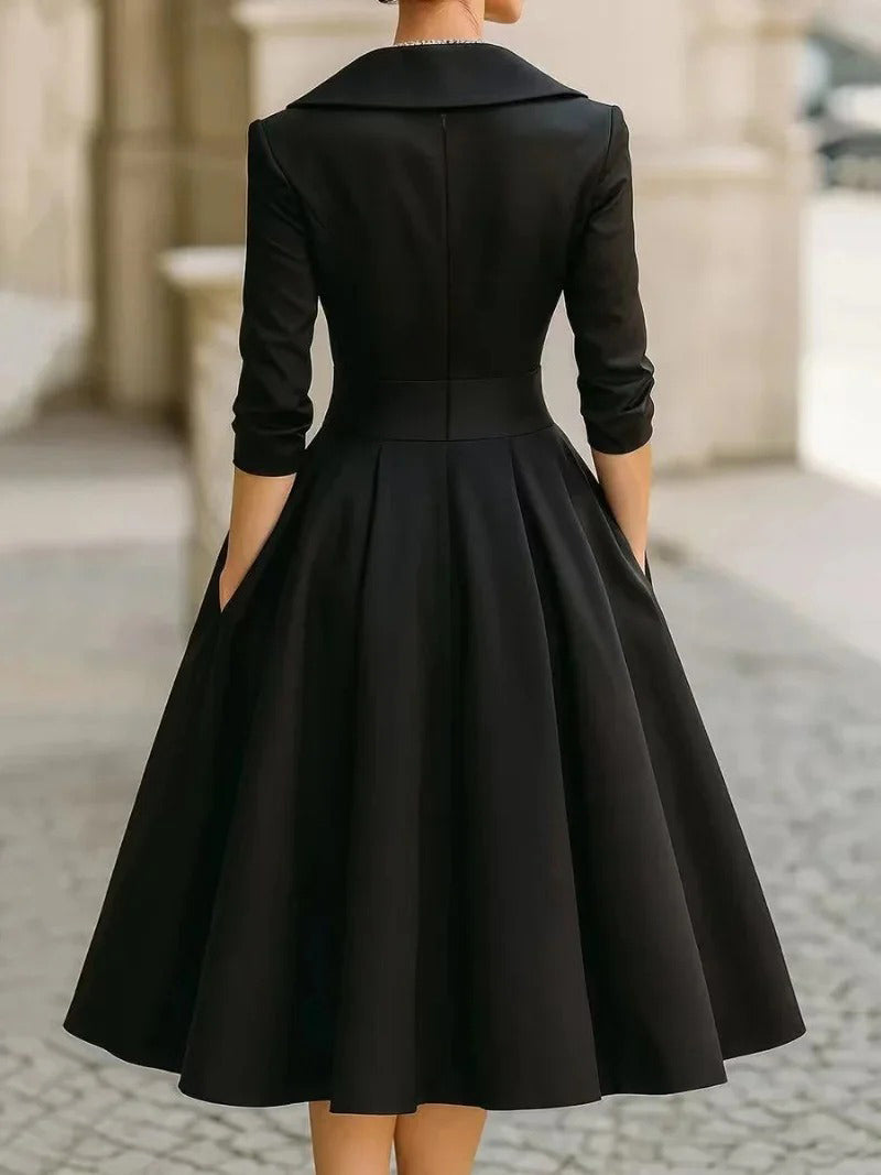 Elegant V-neck Long-sleeved Midi Dress