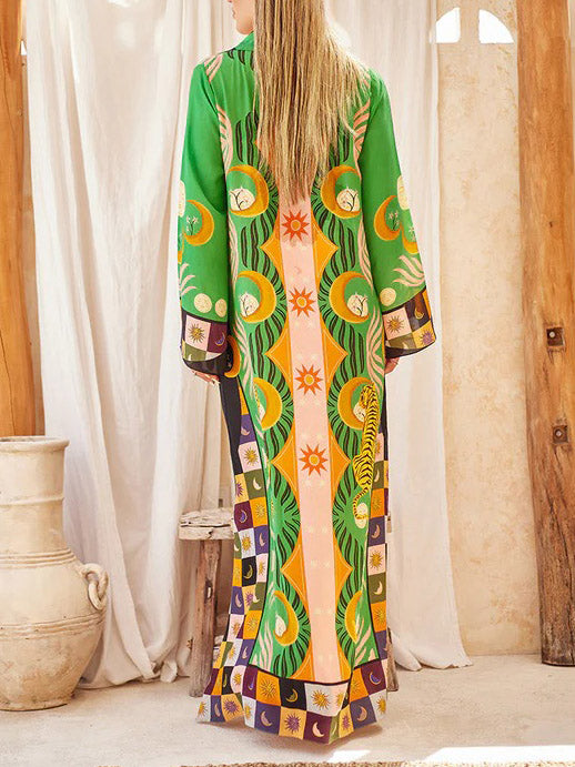 Unique Pattern Satin Print Kaftan Lace-up Maxi Dress