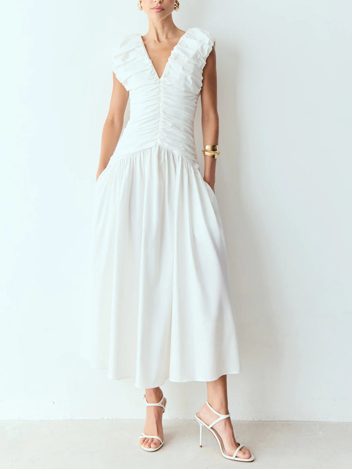 Elegant Pleated V-neck Midi Dress