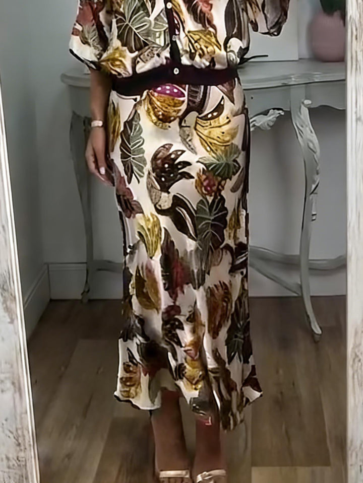 Retro Jungle Palm Leaf Satin Print Batwing Sleeve Shir