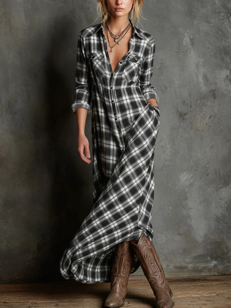 Retro Plaid Collared Single-breasted Shirt Dress