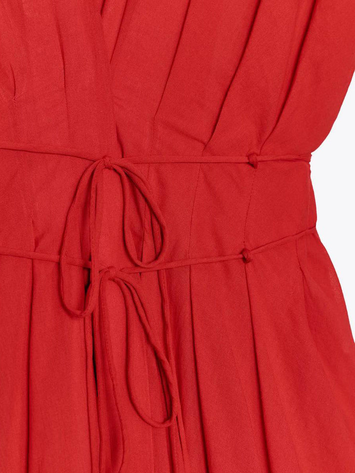 Elegant V-neck Drawstring Pleated Midi Dress