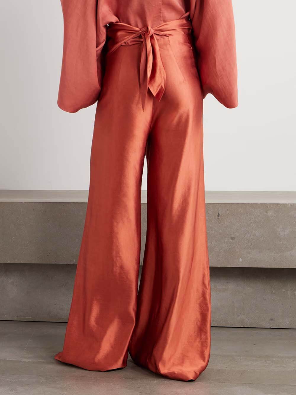 Unique Wrap-Effect Satin Wide-Leg Pants