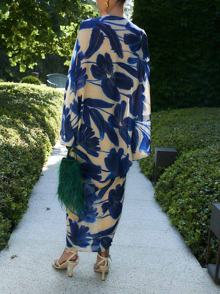Elegant Oversized Floral Print Batwing Sleeve Chiffon Maxi Dress