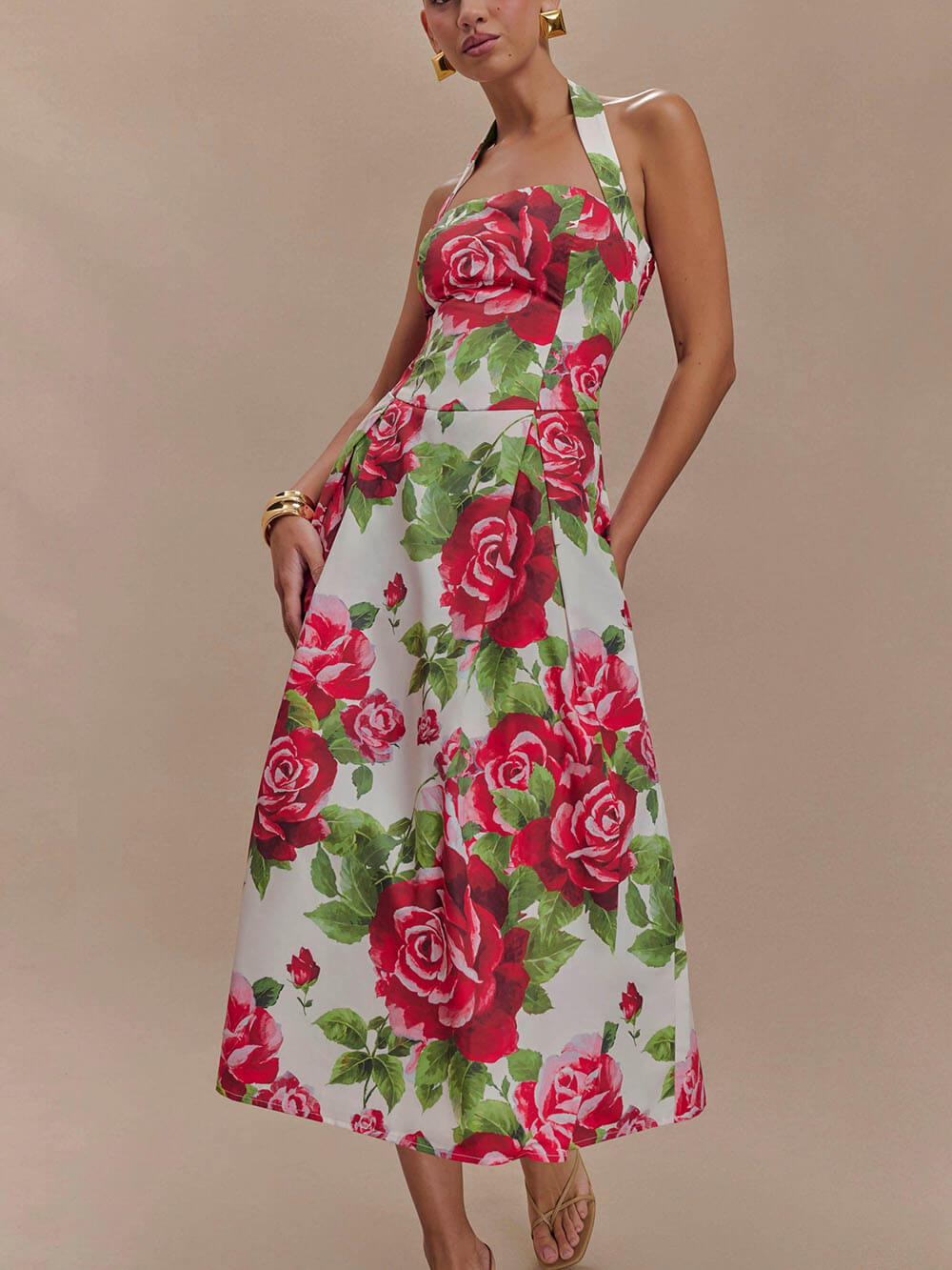 Elegant and Stunning Large Rose Printed Backless Pleated Midi Dress