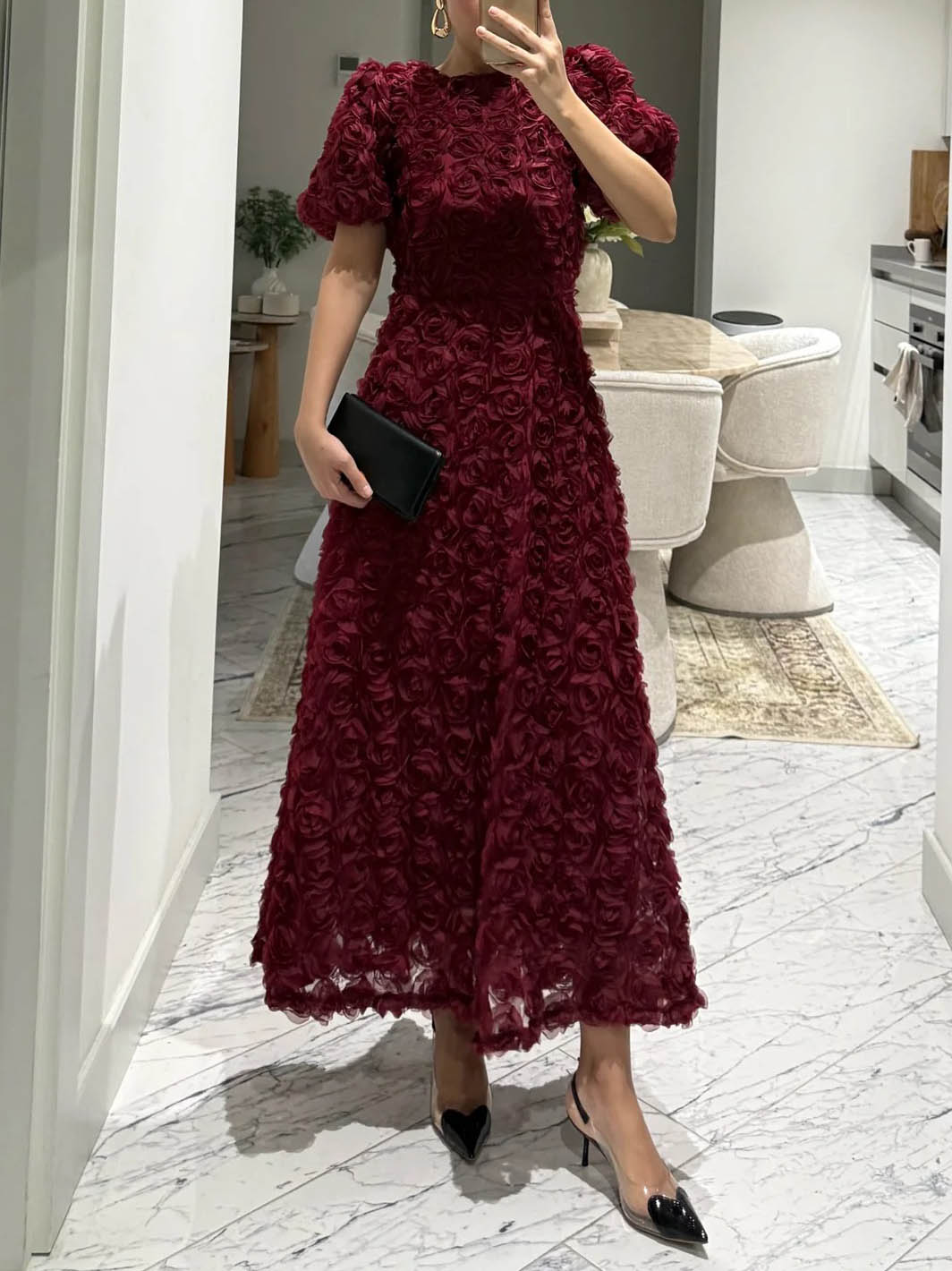 Elegant Rose-patterned Puff-sleeved Maxi Dress