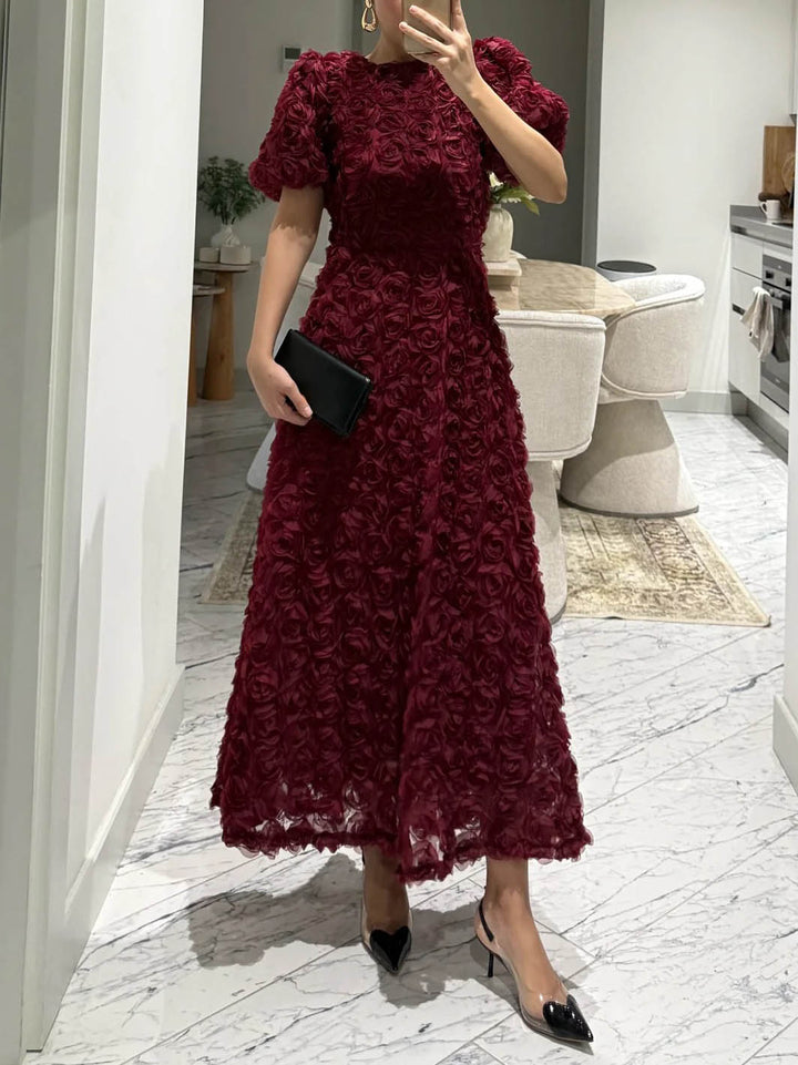 Elegant Rose-patterned Puff-sleeved Maxi Dress