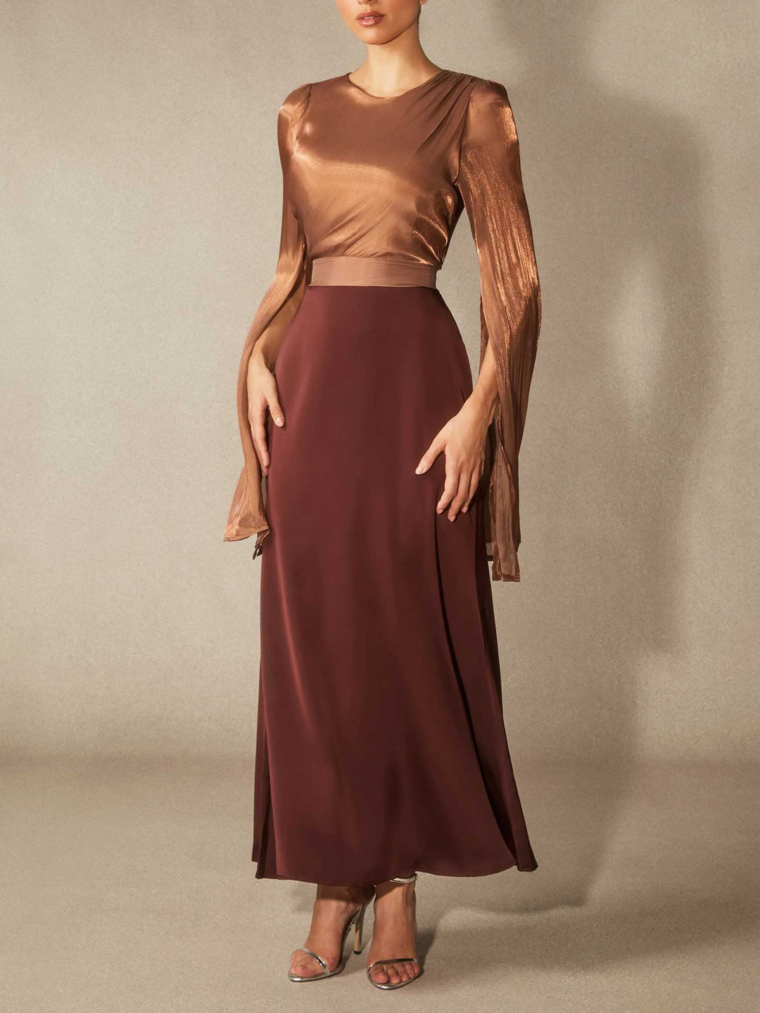 Elegant Satin Cape-Sleeve Maxi Dress