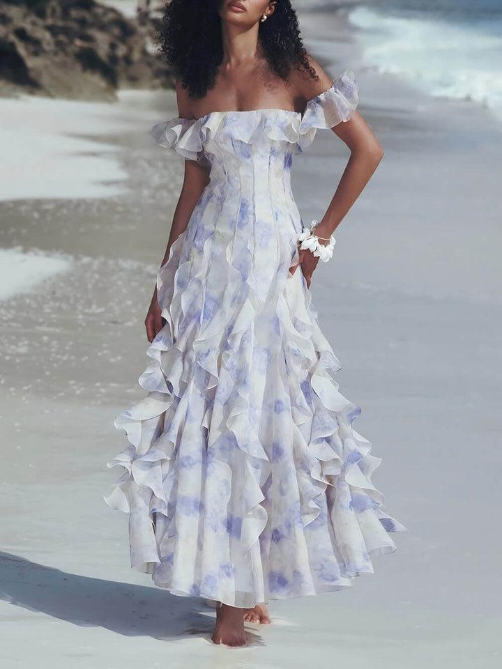 Casual Vacation-Style Strappy Floral Ruffle Maxi Dress