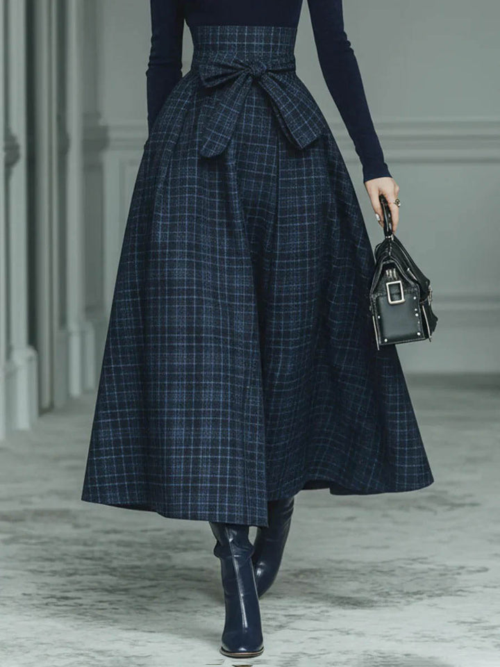 Exquisite High-neck Stretch Top And Plaid Skirt Two-piece Set