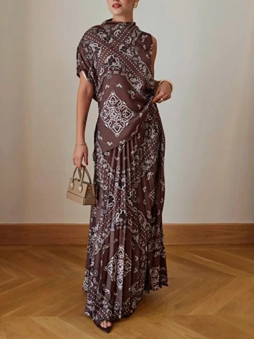 Elegant High-Neck Short-Sleeve Printed Blouse