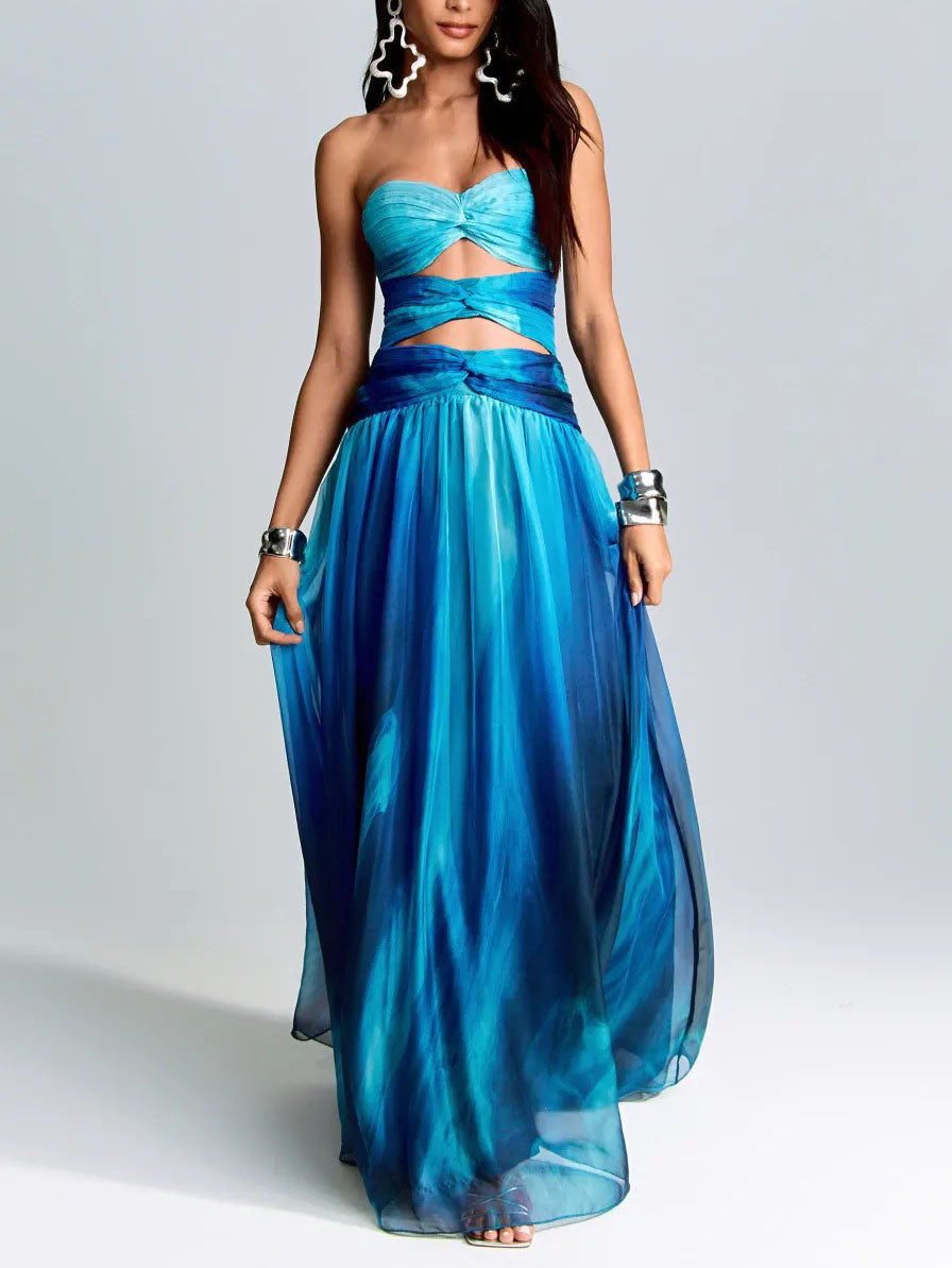 Elegant Strapless Cutout Gradient Maxi Dress