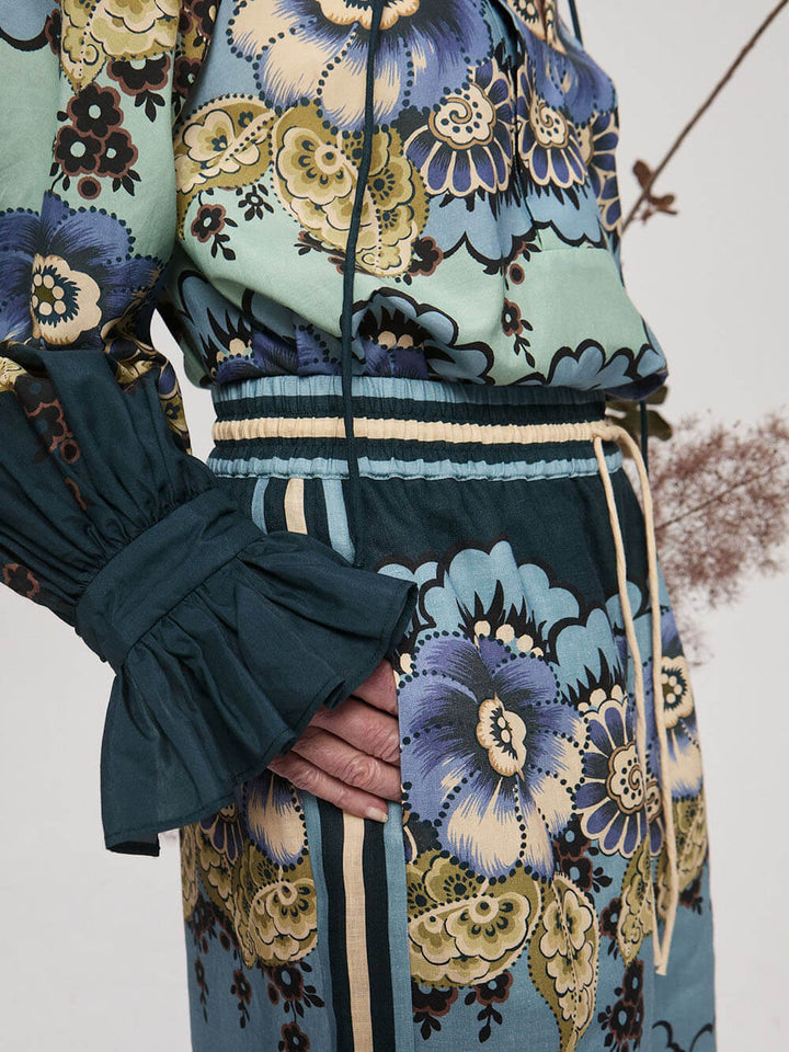 Classic Unique Floral Print Colorblocked Lace-Up Pockets Elastic Waist Wide-Leg Pants