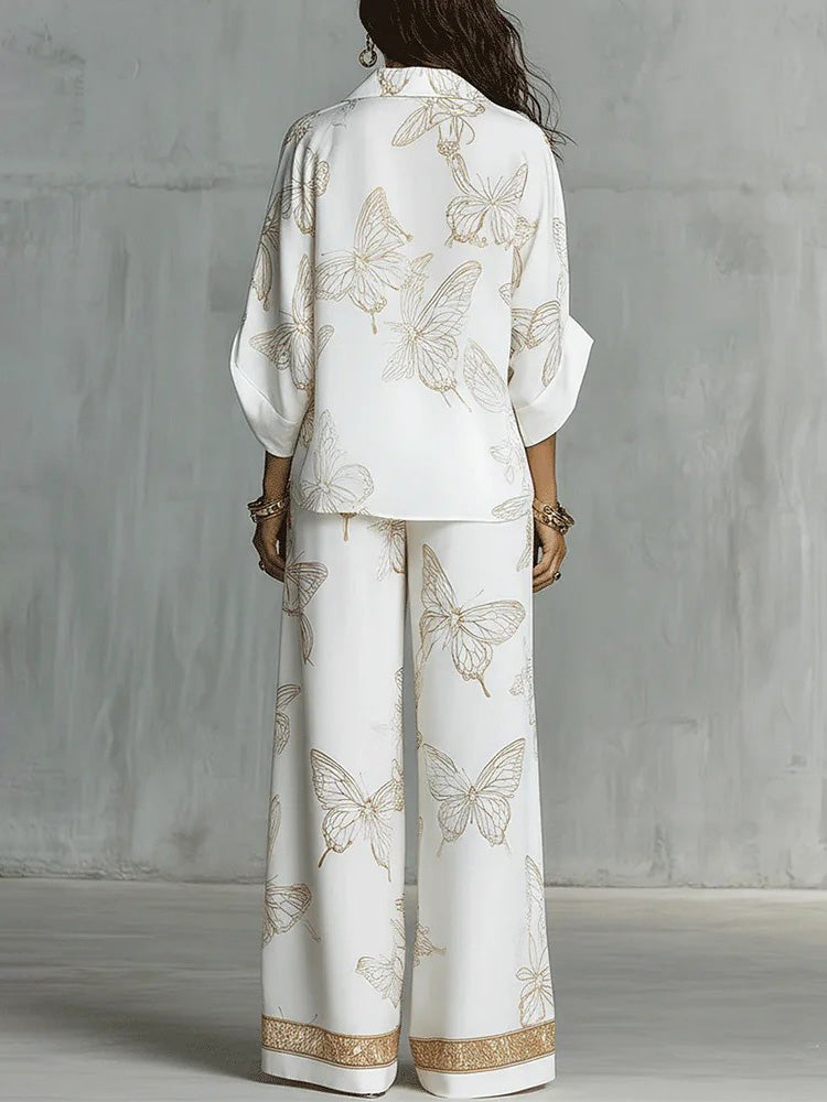 Elegant Butterfly Print Zip Shirt