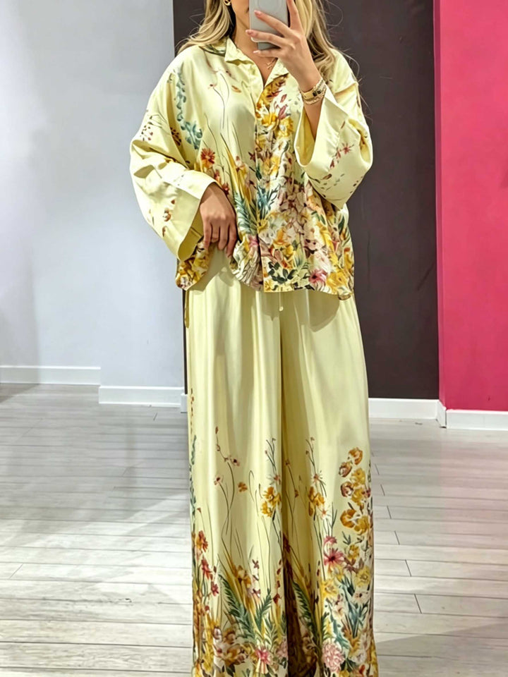 Elegant Floral Print Satin Wide Leg Pants