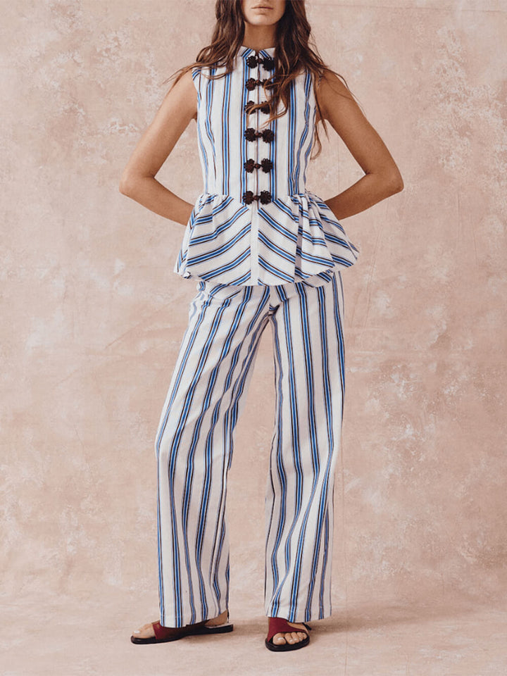 Retro Stripe Print Ruffle Knot Button Detail Tank Top