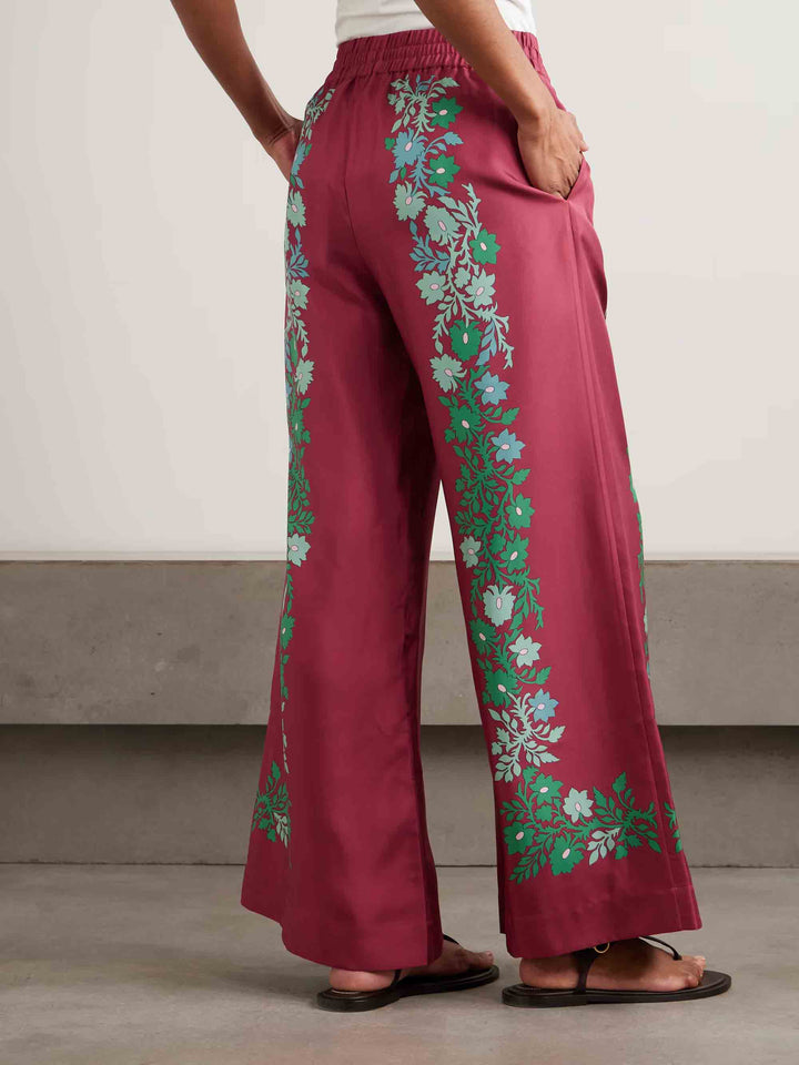 Exquisite Retro Satin Print Wide-Leg Pants
