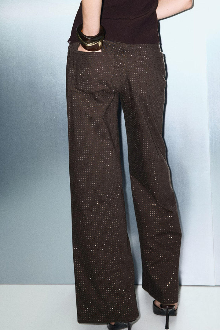 Unique Sparkling Rhinestone-Embellished Wide-Leg Jeans