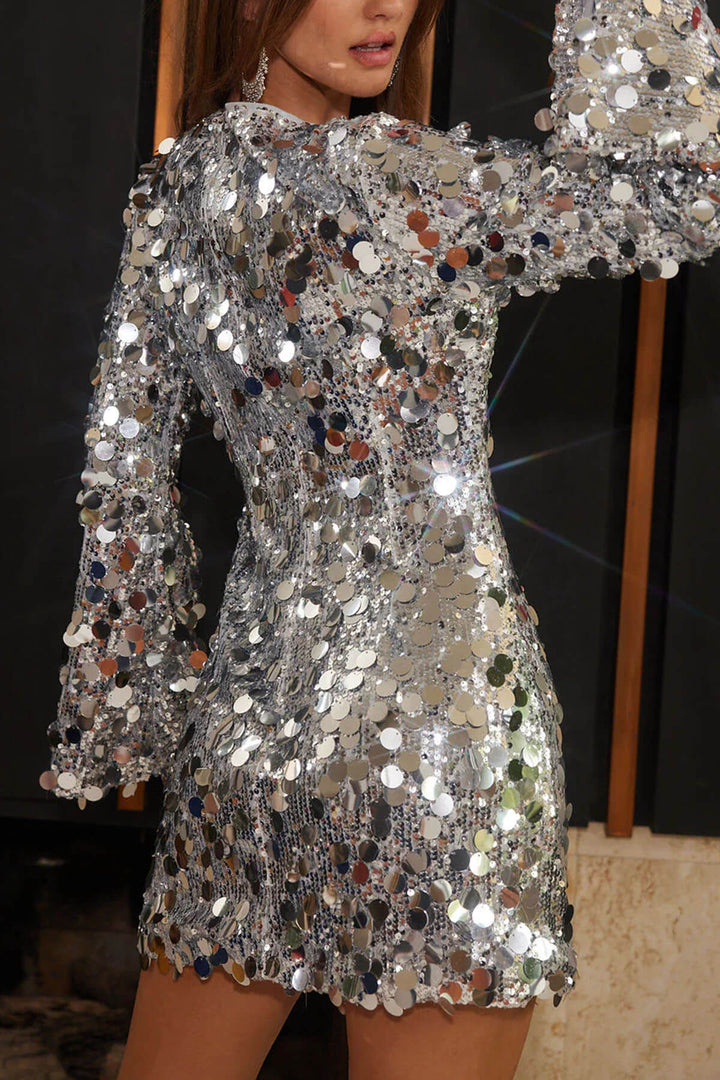 Fashionable Large Sequins Long Bell Sleeve H-line Mini Dress