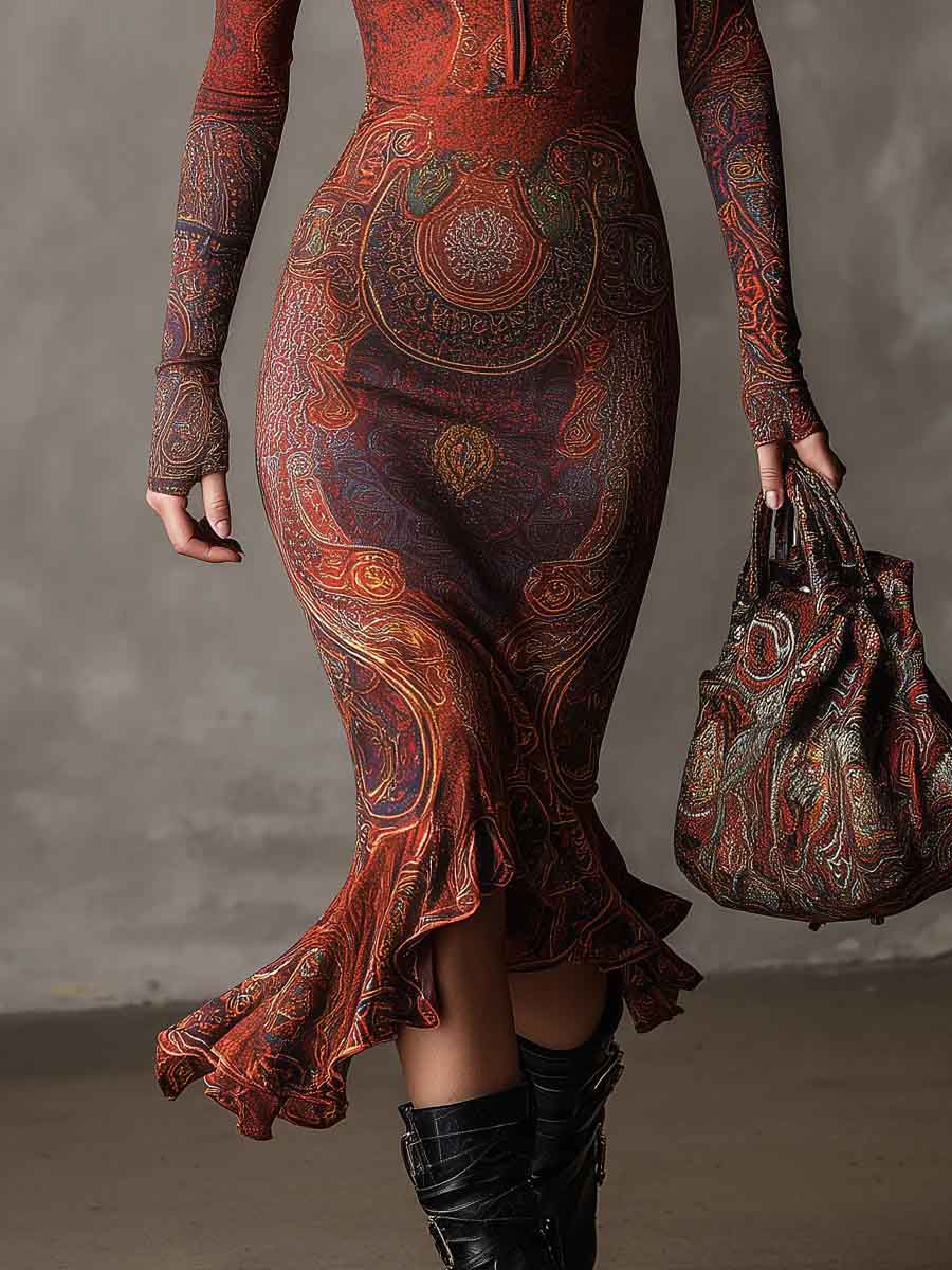 Retro Bohemian Print Irregular Midi Dress