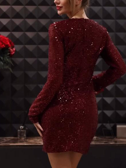 Elegant Sequined Long-sleeved Mini Dress