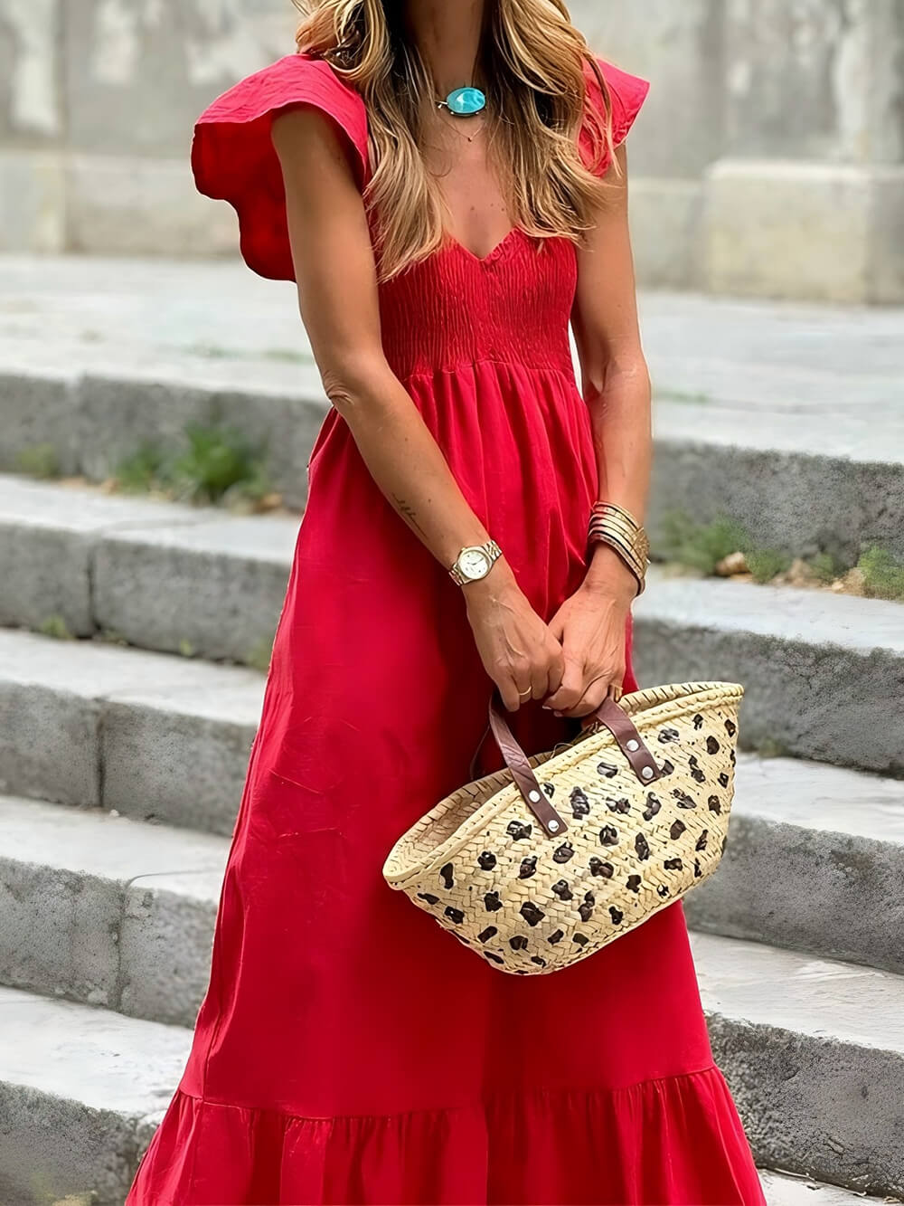 Fashion Solid Color Flying Sleeves Midi Dress