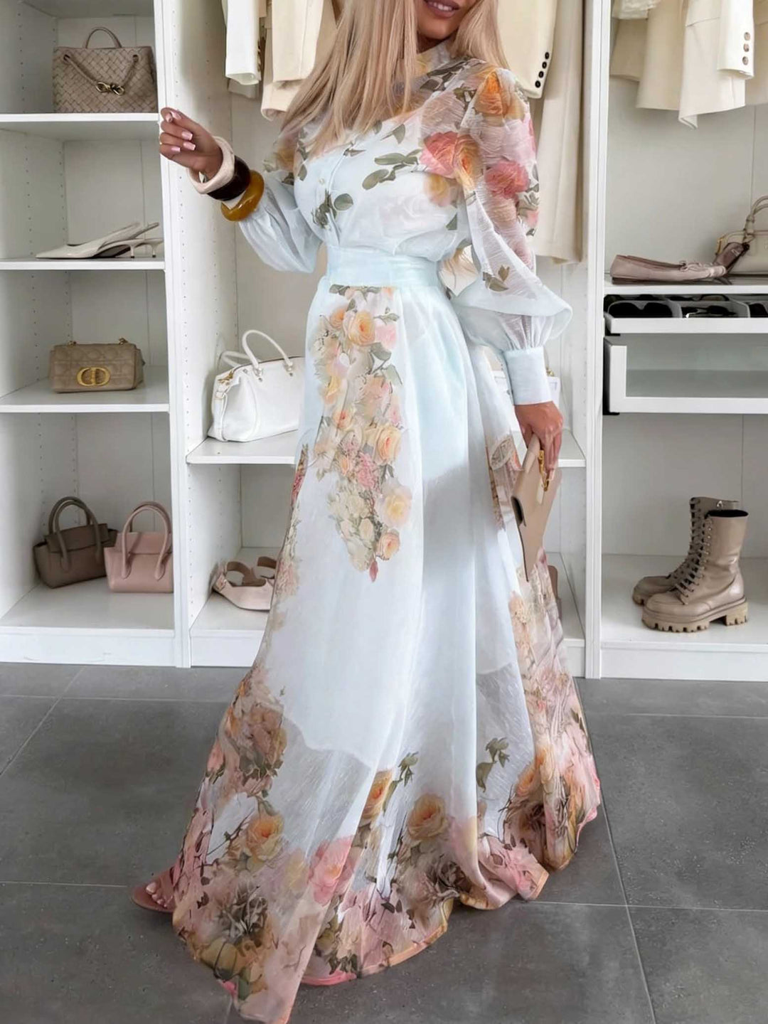 Elegant Sheer Floral Print Long Sleeve Blouse