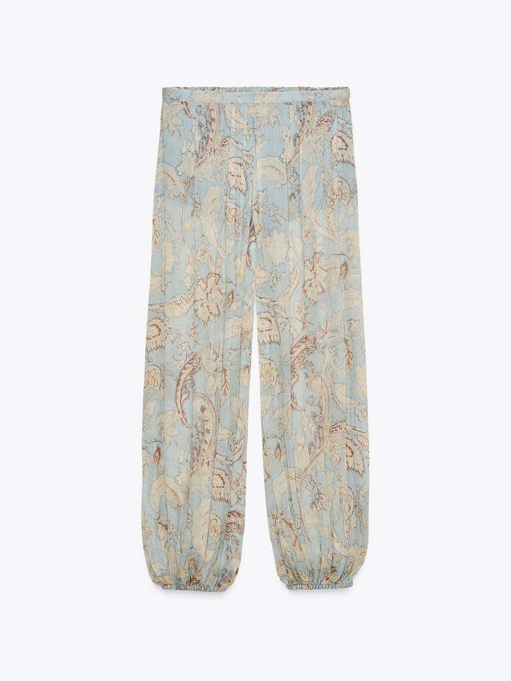 Boho Chiffon Floral Print Elastic Waist Tie-up Hem Balloon Pants