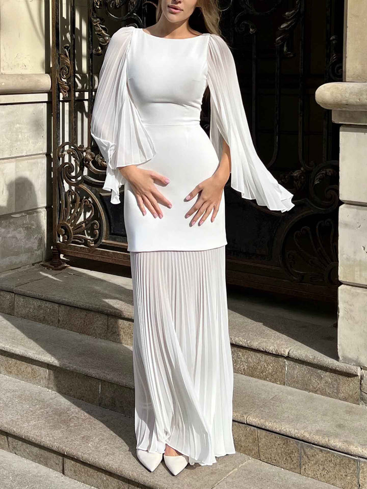 Elegant Pleated Cape Chiffon Maxi Dress