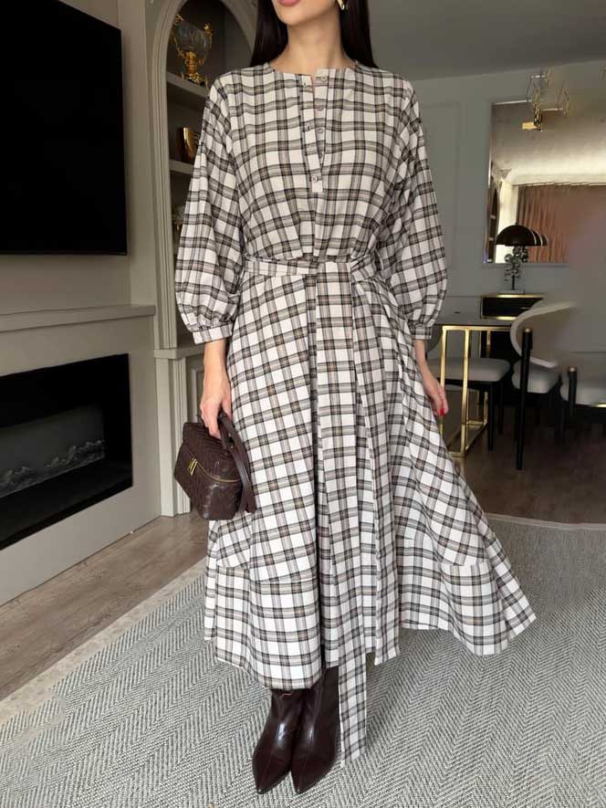 Casual Plaid Print Belted Maxi Dress