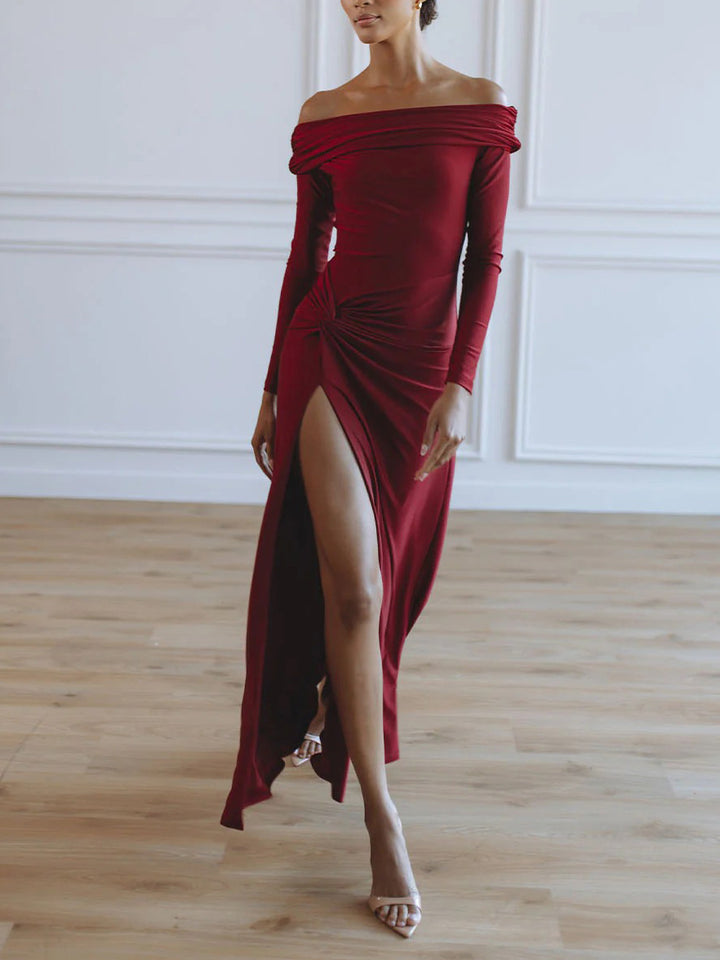 Sexy Off-the-shoulder Ruffled Slit Maxi Dress