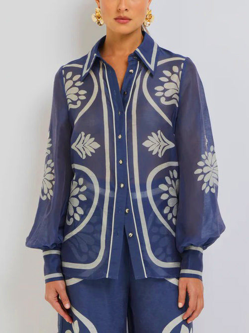 Elegant Sheer Floral Geometric Print Button-Up Shirt