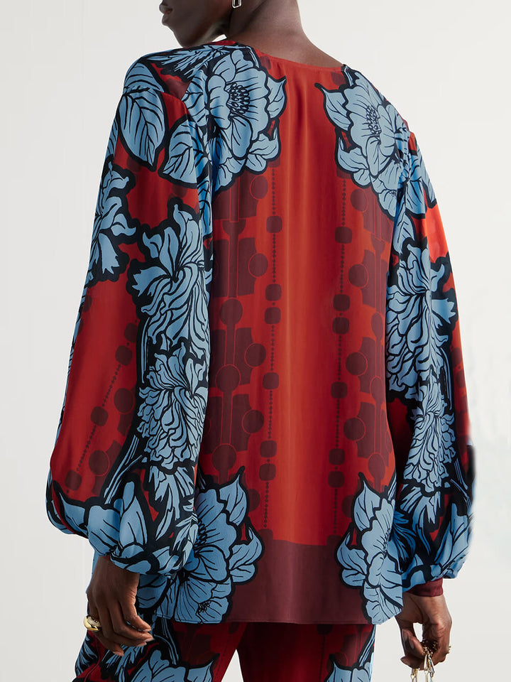 Unique Color-Block Floral Print Satin Piped Pocket Pants