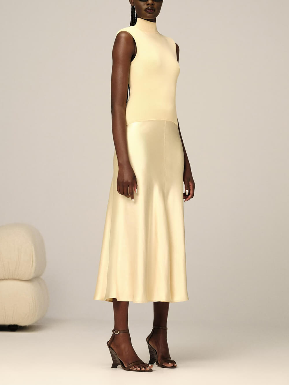 Elegant Knitted Satin Spliced Low-Waist Midi Dress