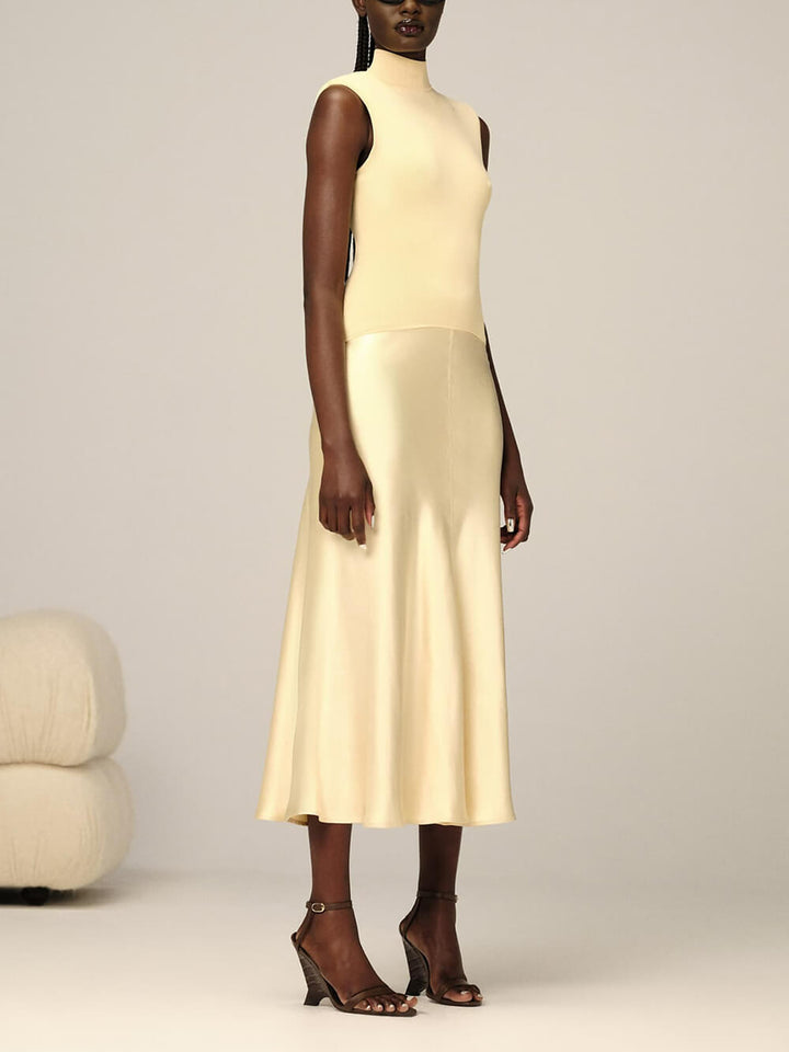 Elegant Knitted Satin Spliced Low-Waist Midi Dress