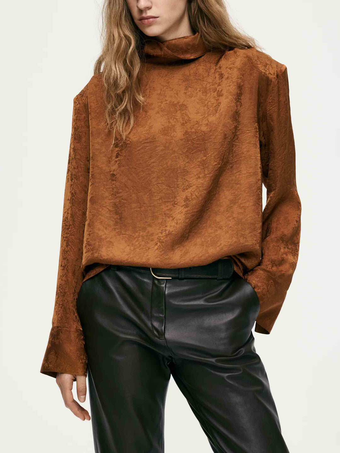 Elegant Satin High-Neck Long-Sleeve Blouse