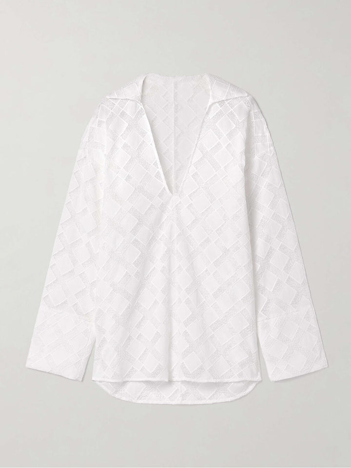 Unique Sheer Lace Panel Loose-Fit Button-Up Blouse