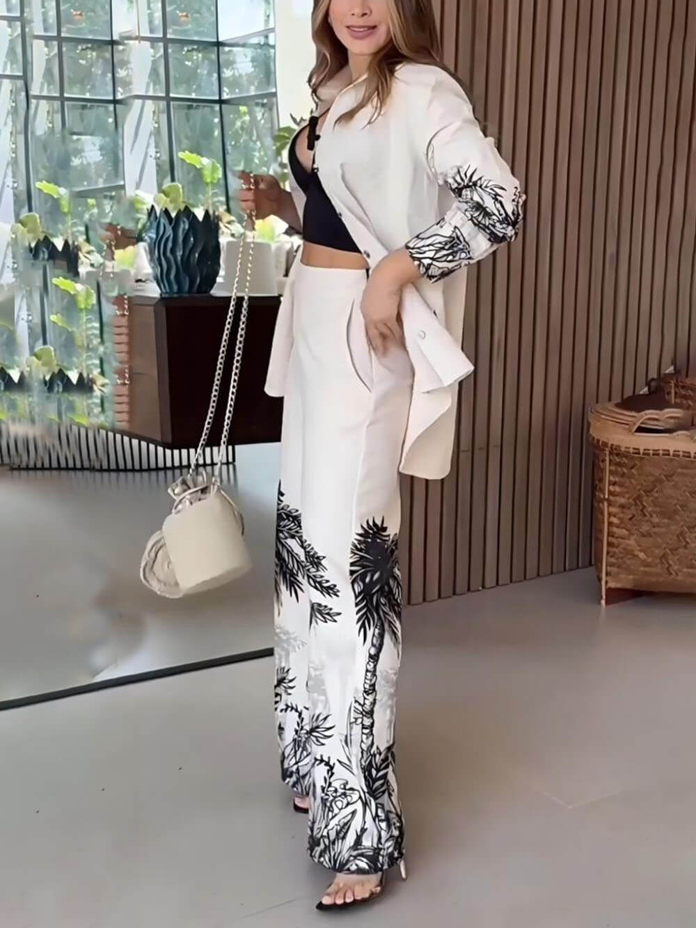 Modern Unique Positioning Print High Waist Pocket Wide Leg Pants
