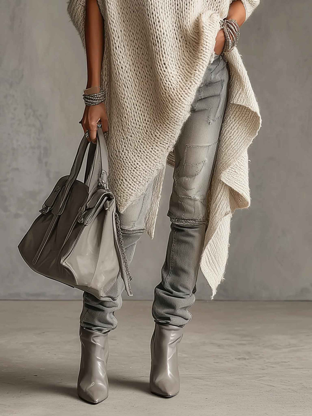 Asymmetrical Hem High-neck Knit Midi Dress