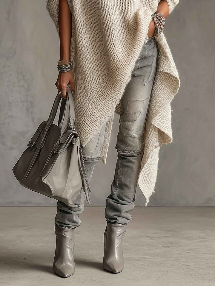 Asymmetrical Hem High-neck Knit Midi Dress