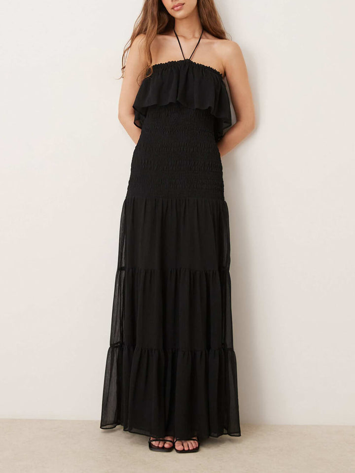 Elegant Ruched Layered Halter Backless Chiffon Maxi Dress
