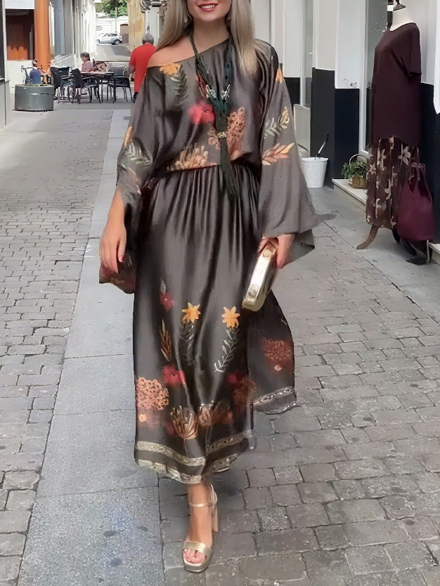 Exquisite Floral-Print Satin Slit Skirt