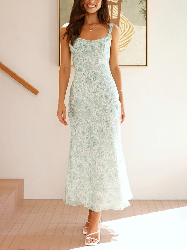 Sophisticated Floral Print Open Back Pleated Midi Dress