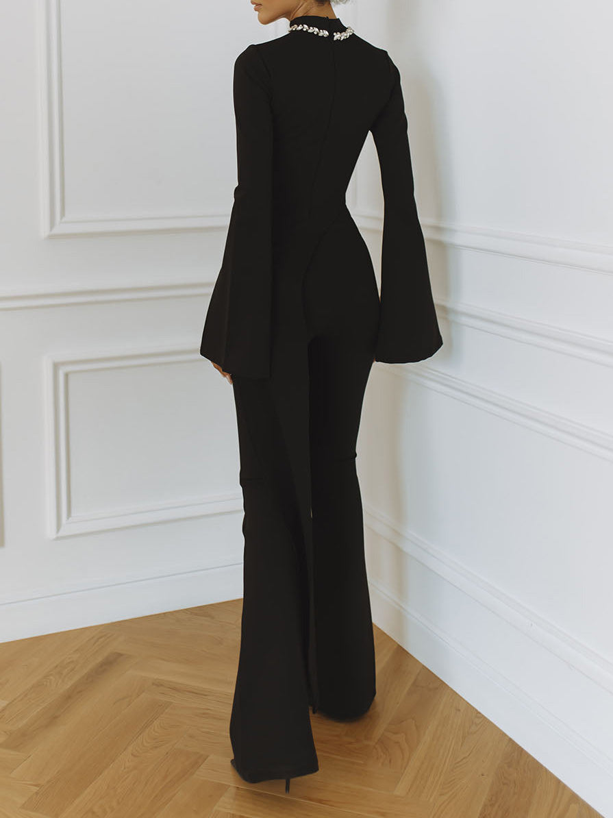 Elegant Rhinestone Color-blocked Irregular Two-piece Set