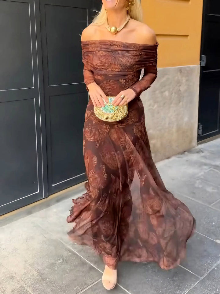 Retro Mesh Print Off-shoulder Maxi Dress