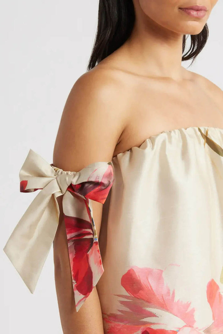 Delicate Floral Print Bow Off the Shoulder Maxi Dress