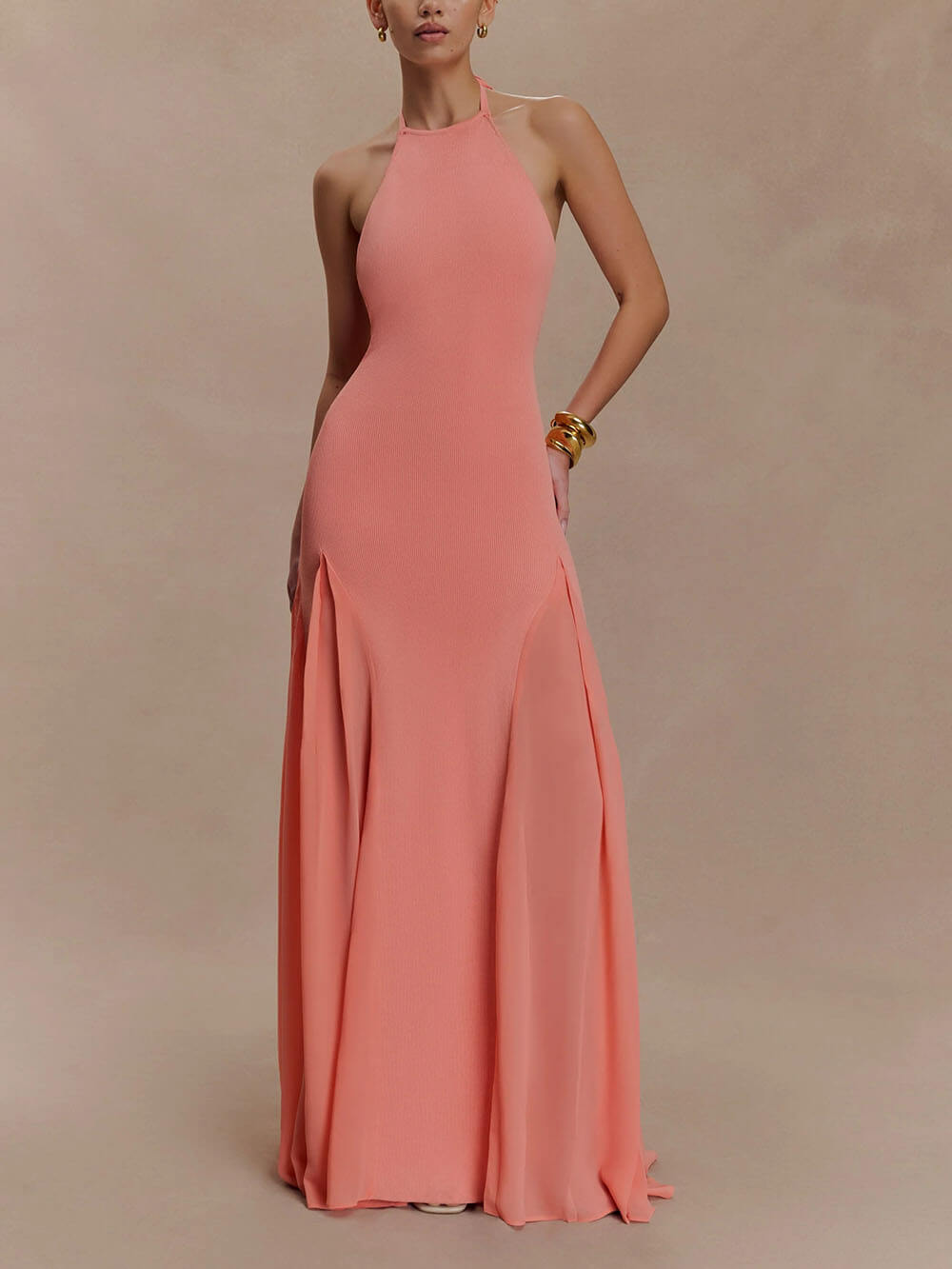 Exquisite Sexy Knit Mesh Splice Spaghetti Strap Maxi Dress