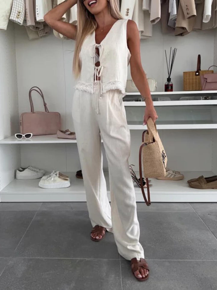 Summer Linen Casual Lace Stitching Lace-Up Tank