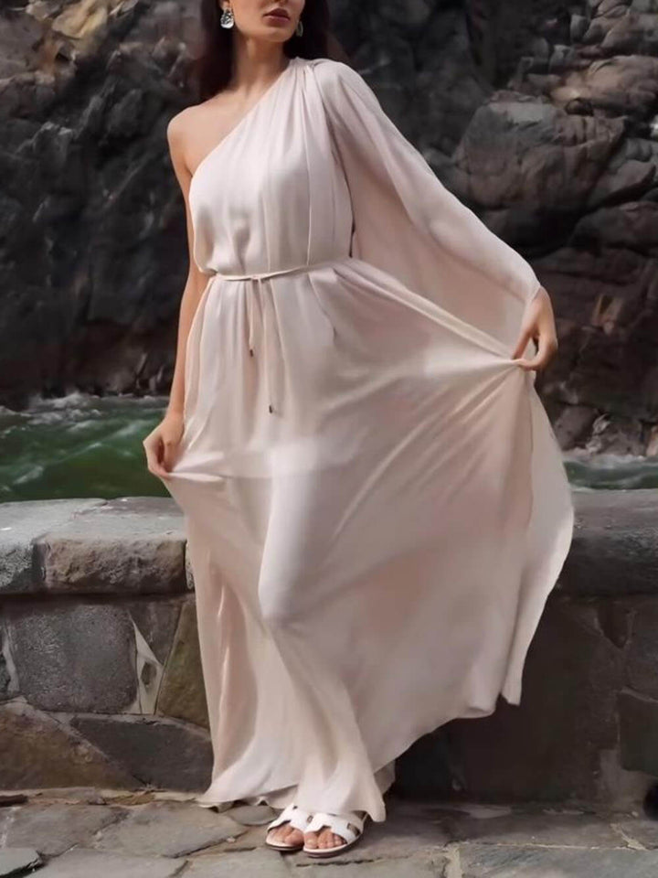 Exquisite And Unique One-Shoulder Sleeve Pleated Slit Maxi Dress