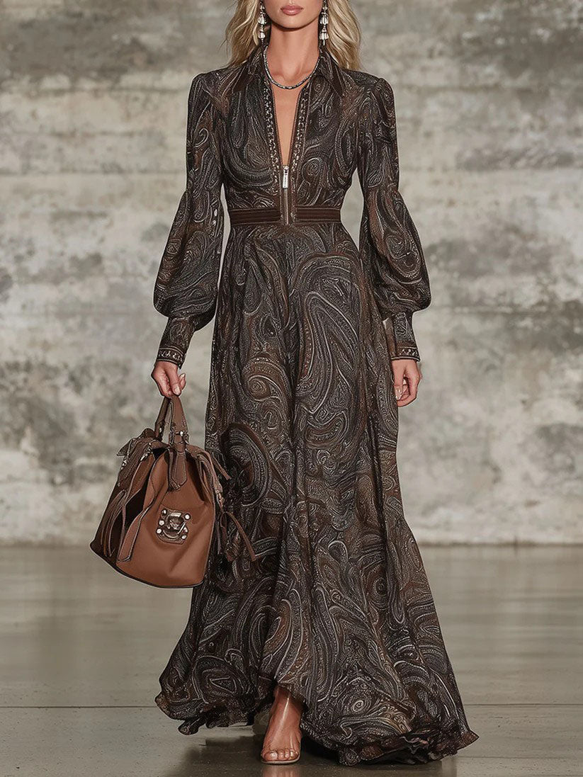 Retro Paisley Print Zipper Maxi Dress